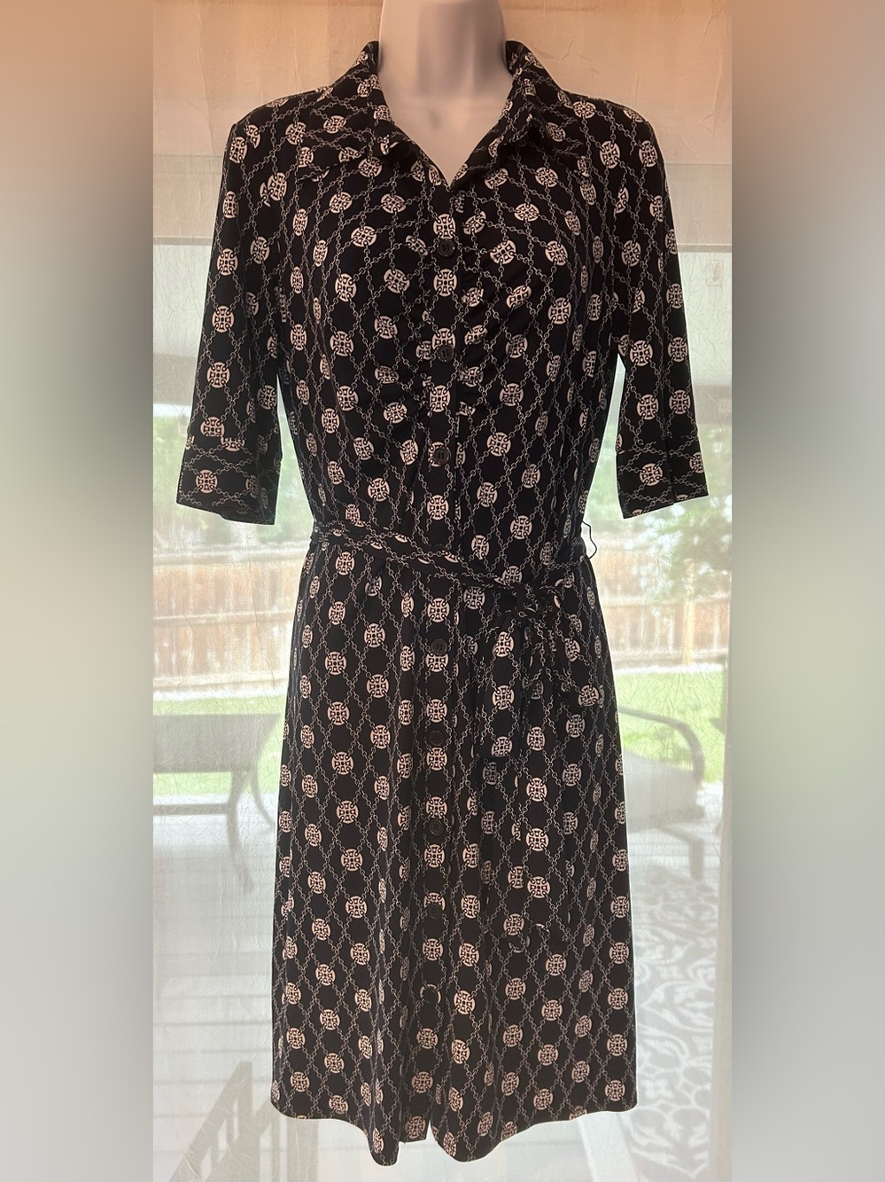 Laundry by Design Chain Print Shirt Dress Sz 10 Navy & White Tie Waist